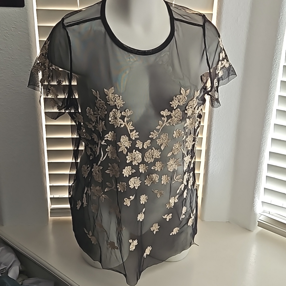 Torrid Sheer Mesh Short Sleeve Top with Floral Embroidery